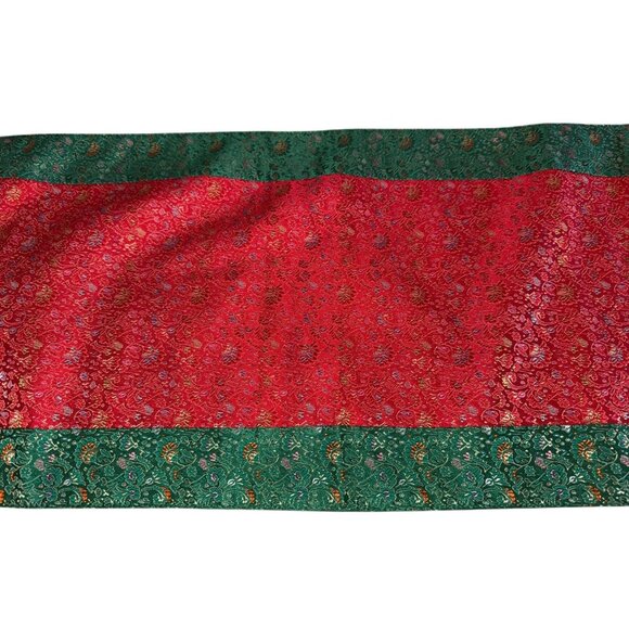 Red Green Floral Brocade Table Runner 80" x 14 w/ Solid Green Backing Christmas - Picture 4 of 8